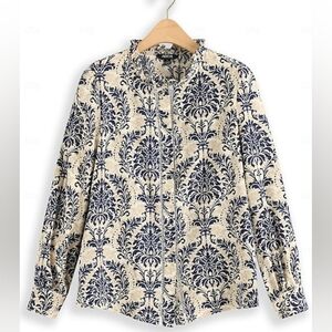 Women's Damask Print Shirt Long Sleeve Notched Neckline Buttoned Blouse